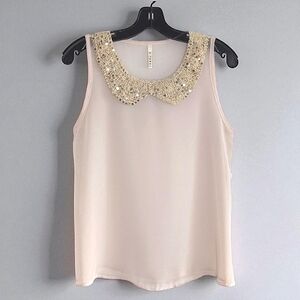 B. Jewel Vintage Sleeveless  Sheer Top Crochet and Sequin Collar Cream Nude M